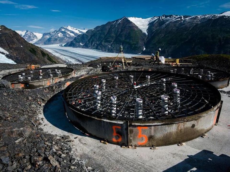  Bear Creek crews construct transmission tower foundations for a new line to Brucejack mine.