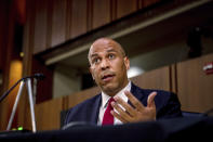 Sen. Cory Booker, D-N.J., speaks during a confirmation hearing for Supreme Court nominee Amy Coney Barrett before the Senate Judiciary Committee, Tuesday, Oct. 13, 2020, on Capitol Hill in Washington.. (Hilary Swift/The New York Times via AP, Pool)