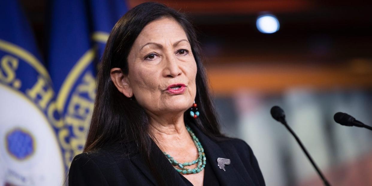 Rep. Deb Haaland, D-N.M., speaks during a news conference on Capitol Hill in Washington on Wednesday, May 27, 2020.