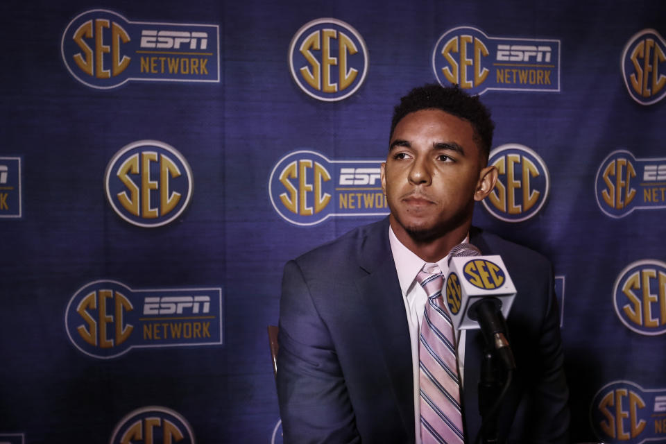 Tennessee quarterback Jarrett Guarantano speaks to reporters during the NCAA college football Southeastern Conference Media Days, Tuesday, July 16, 2019, in Hoover, Ala. (AP Photo/Butch Dill)