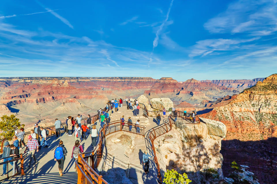 Visitors enjoying a viewpoint at the Grand Canyon in Arizona