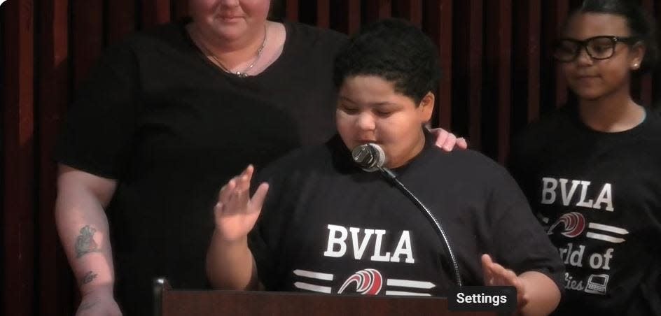 Fourth-grade student at Brockton Virtual Learning Academy Fred Bond, 10, speaks at a Brockton School Committee meeting on April 23, 2024 about the closing of his school that is planned for June 2024.