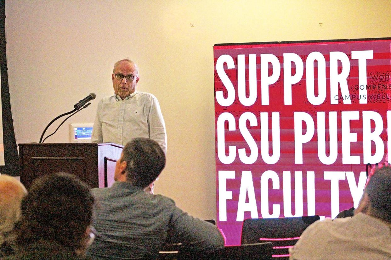 Jonathan Rees, history professor and President of the CSU Pueblo American Association of University Professors chapter, gives an introductory address at a 'teach-in' event calling for better compensation for faculty on Thursday, Feb. 2, 2023.