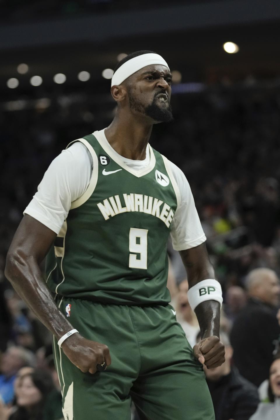 Milwaukee Bucks' Bobby Portis reacts after making a three point basket during the first half of an NBA basketball game Tuesday, Jan. 3, 2023, in Milwaukee. (AP Photo/Morry Gash)