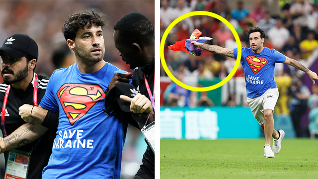 World Cup 2022 pitch invader wears 'Save Ukraine' shirt and holds pride  flag during Portugal vs Uruguay