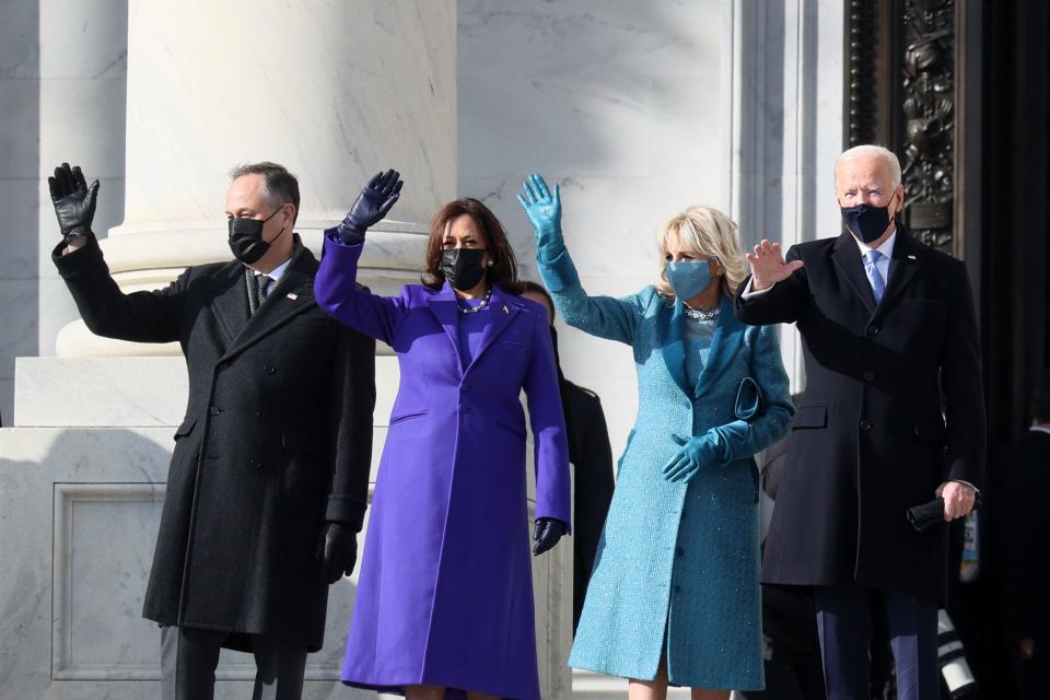 Vice President Harris and President Biden with their spouses, Doug Emhoff (far left) and Jill Biden.