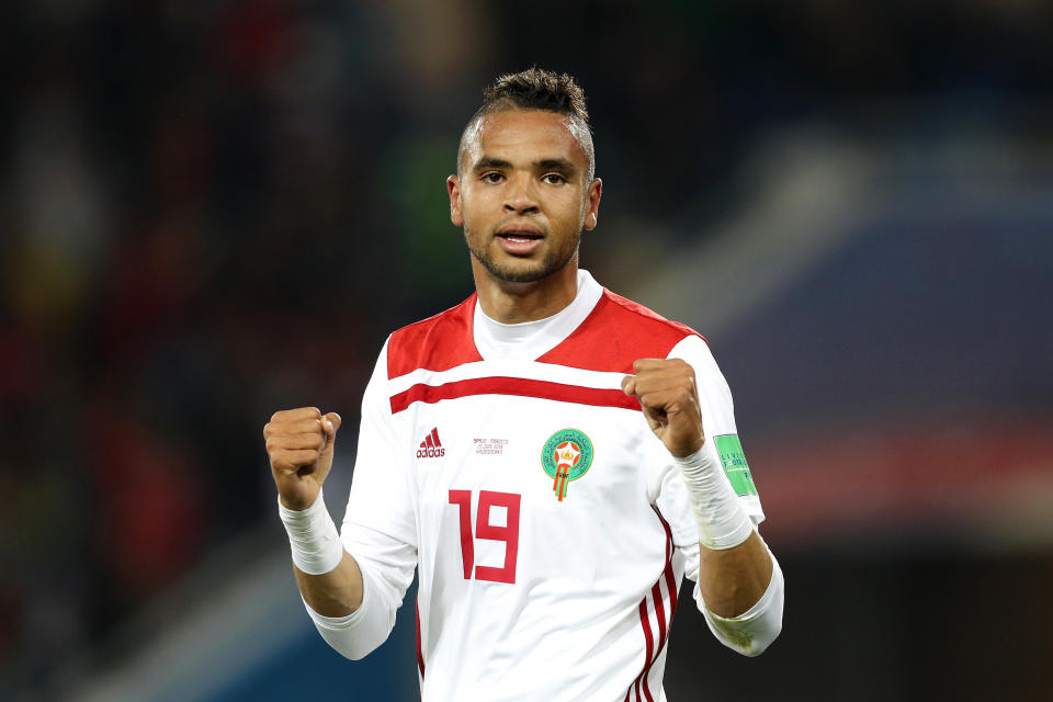 <p>En-Nesyri shows his delight as he scores for Morocco </p>