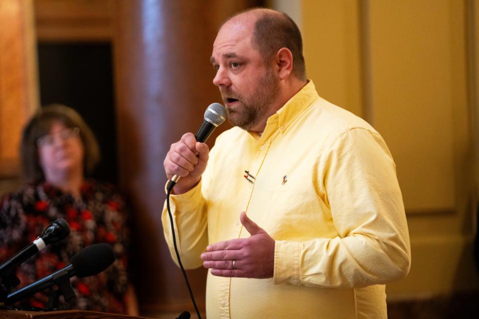 DMARC's Matt Unger advocates for Iowa to participate in a federal summer EBT program for Iowa children Wednesday, Jan. 16, 2024, at the Iowa State Capitol.