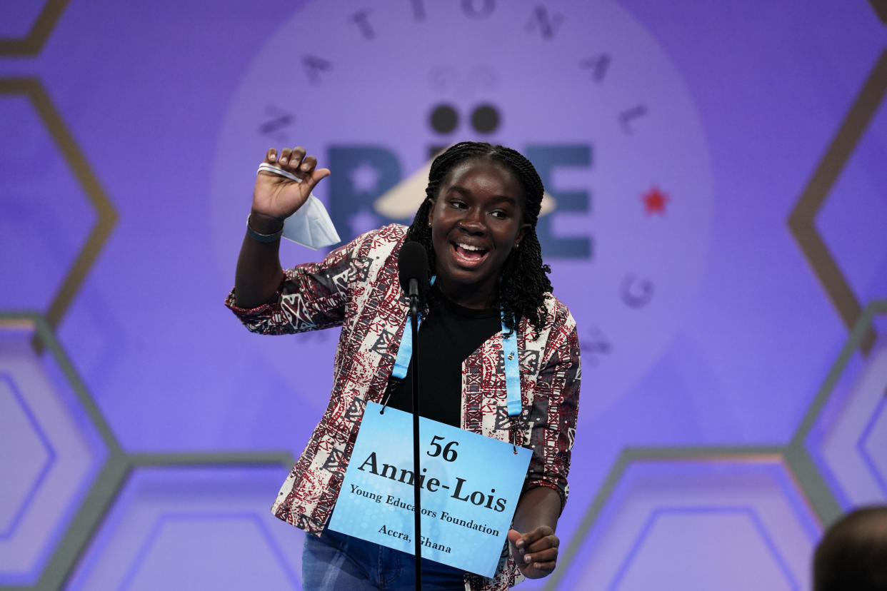 Annie-Lois Acheampong, 13, from Accra, Ghana, reacts during the Scripps National Spelling Bee, Tuesday, May 31, 2022, in Oxon Hill, Md. (AP Photo/Alex Brandon)