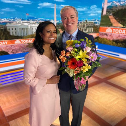 <p>Kristen Welker Instagram</p> Kristen Welker receiving a visit on set from her husband, John Hughes, in April 2021