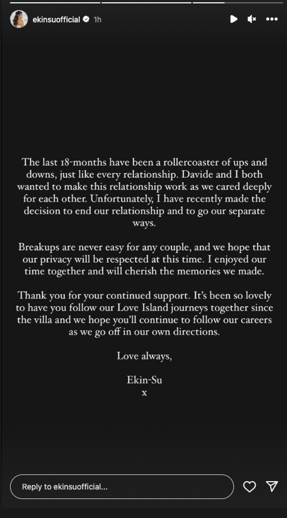 Ekin-Su’s breakup statement (Instagram/@ekinsuofficial)