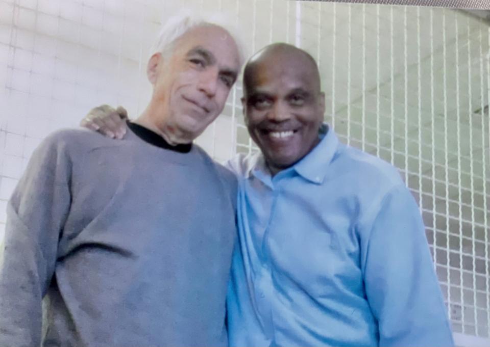 David Sheff, left, and Jarvis Jay Masters in 2020 in one of their meetings at California’s San Quentin State Prison.