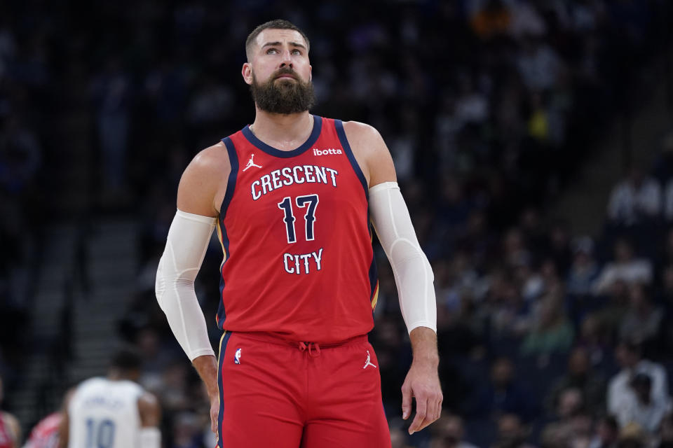 New Orleans Pelicans center Jonas Valanciunas (17) stands on the court during the first half of an NBA basketball game against the Minnesota Timberwolves, Wednesday, Nov. 8, 2023, in Minneapolis. (AP Photo/Abbie Parr)