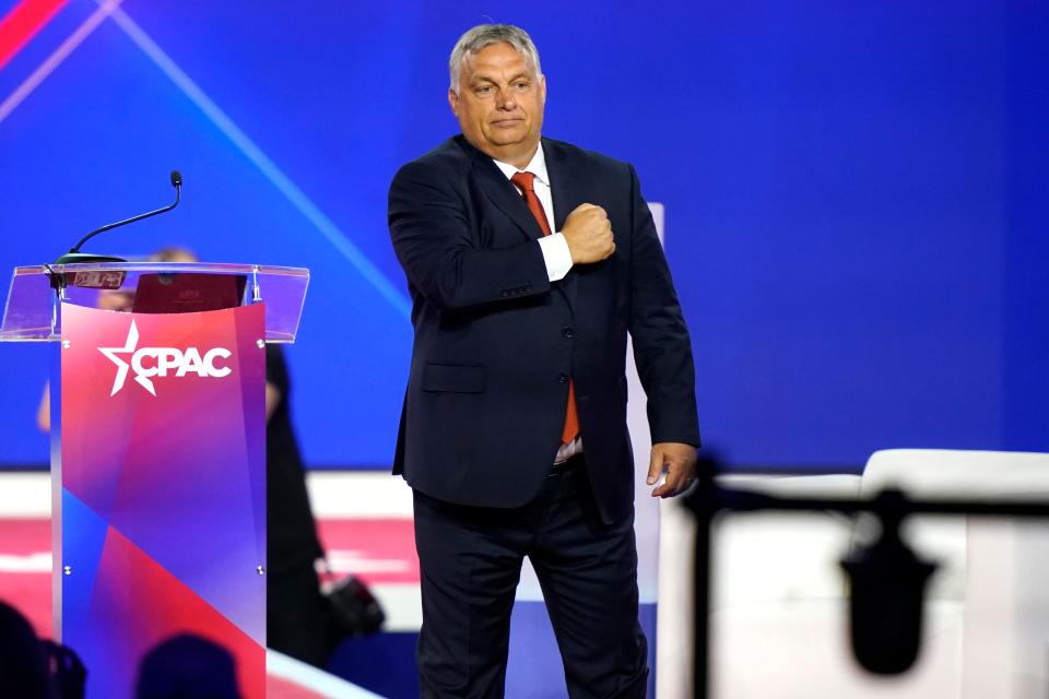 Hungarian Prime Minister Viktor Orban gestures with his fist on his chest after speaking at the Conservative Political Action Conference (CPAC) in Dallas on Aug. 4.