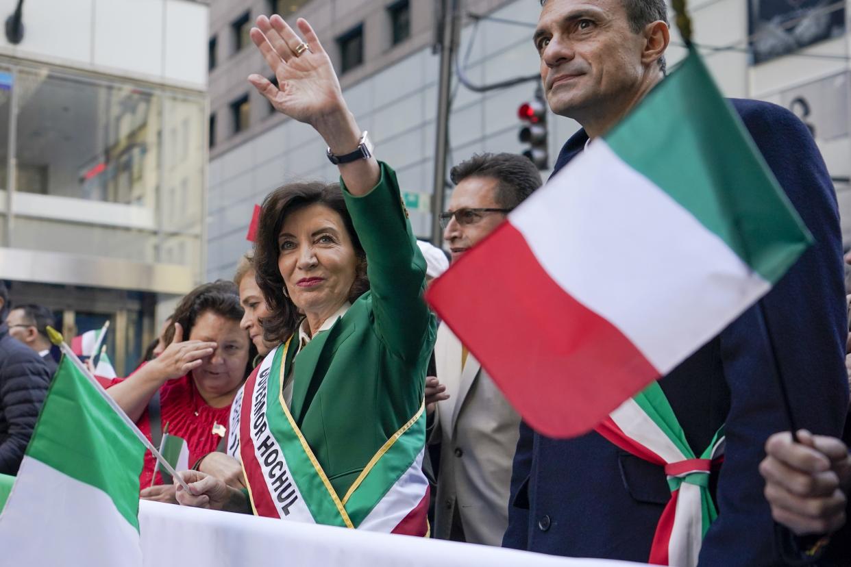New York Gov. Kathy Hochul waves on 5th Avenue during the annual Columbus Day Parade, Monday, Oct. 10, 2022, in New York. 