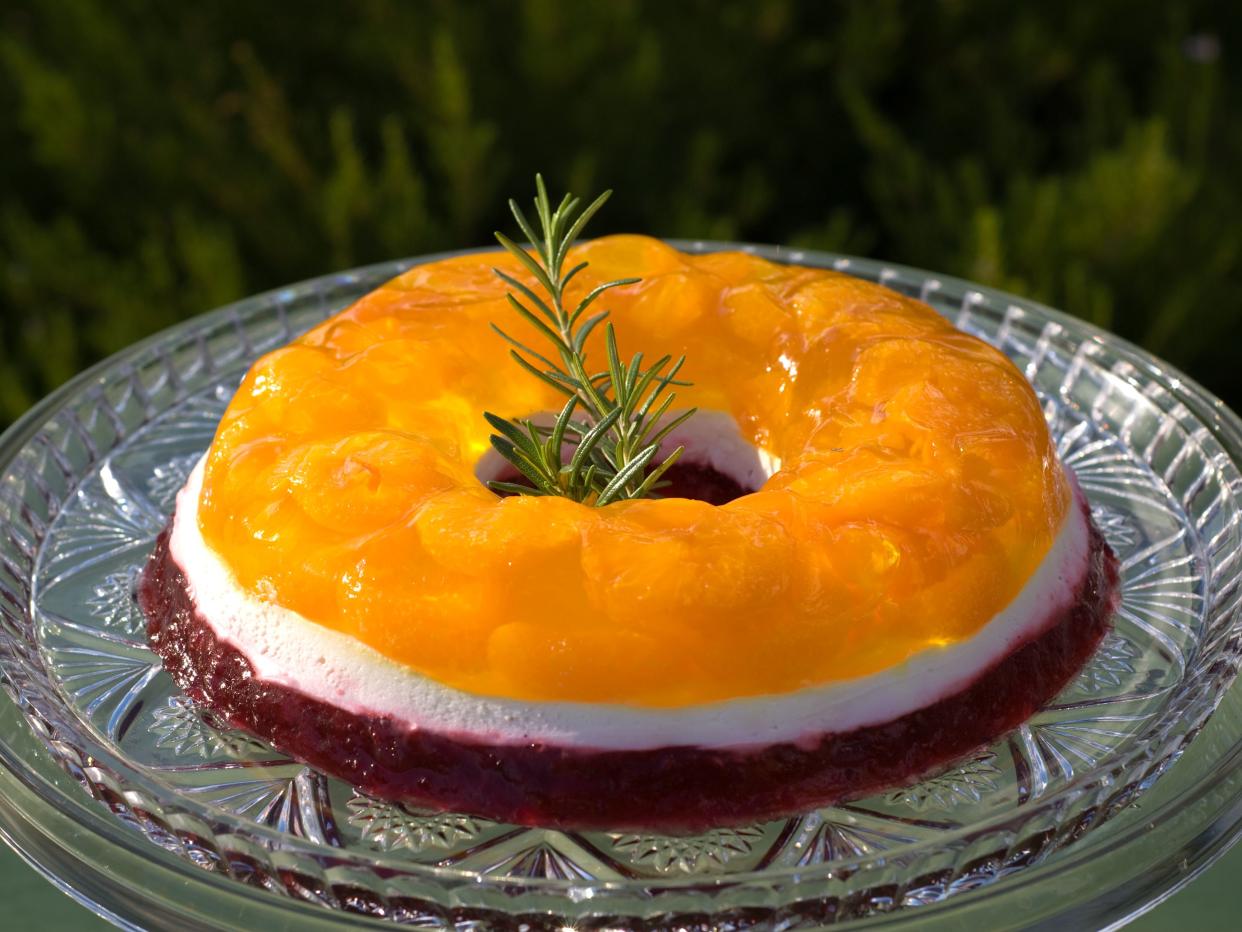 "A refreshing garden party or holiday dessert; a layered gelatin mold with fruit. (SEE LIGHTBOXES BELOW for more in this series, as well as many more outdoor dining, desserts and holiday food photos...)"