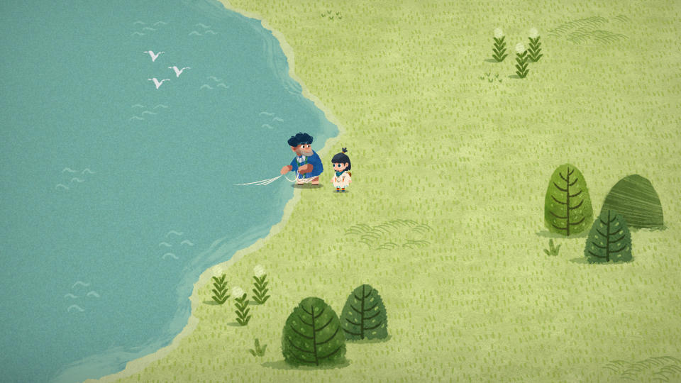 A man and a young girl fishing in a lush green landscape.