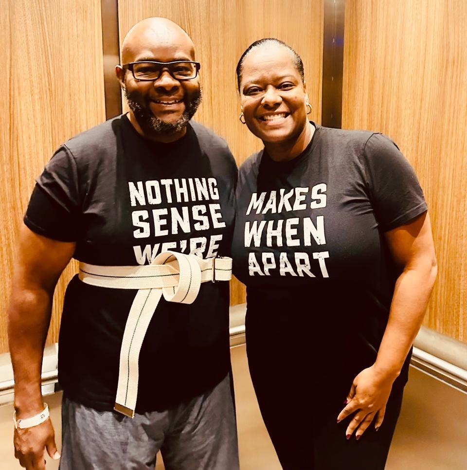 One day during his rehabilitation from a stroke, Greg and Lakesha Burton wore t-shirts that don't make sense separately --- but when standing side-by-side say: "Nothing Makes Sense When We're Apart."