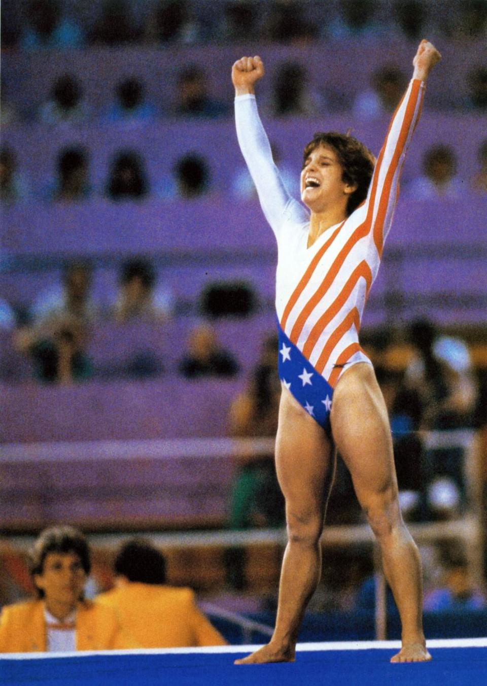 Mary Lou Retton celebrates winning the gymnastics all-around gold medal during the 1984 Olympics.