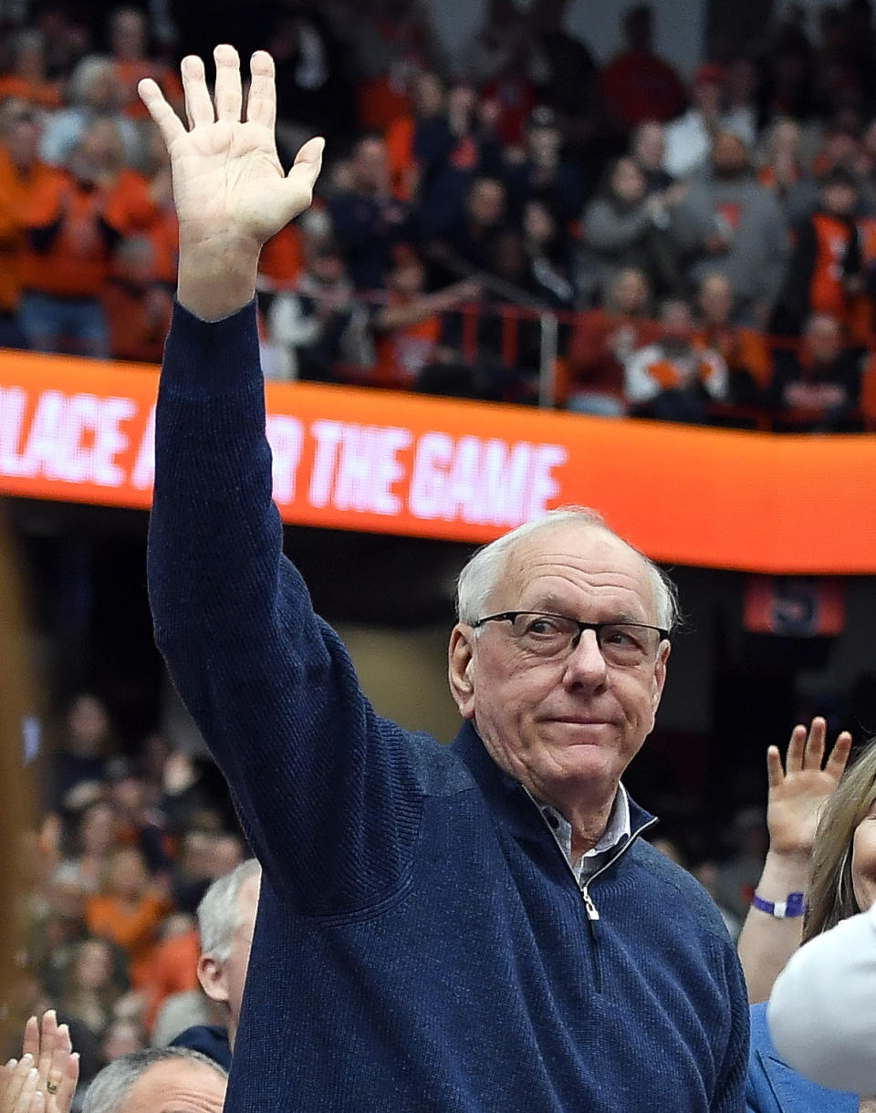 Former Syracuse head coach Jim Boeheim acknowledges the crowd during the first half of an NCAA college basketball game between Syracuse and Notre Dame, Saturday, Feb. 24, 2024, in Syracuse, N.Y. (AP Photo/Adrian Kraus)