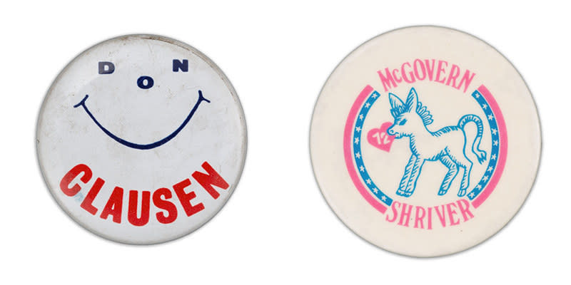 A button reads "Don Clausen" and a button with a donkey reads "McGovern–Shriver 72"