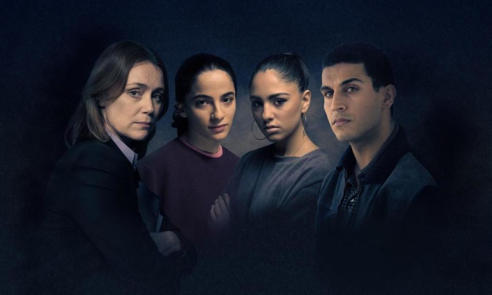 The cast of Honour: Keeley Hawes as Caroline Goode, Buket Komur as Banaz Mahmod, Rhianne Barreto as Bekhal Mahmod and Moe Bar-El as Rahmat Sulemani.