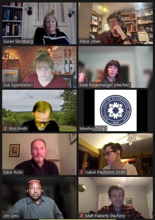 The Bloomington City Council in Wednesday's meeting, with what is seen as the five-member majority on the left and the four-member minority on the right. At left from top are Susan Sandberg, Sue Sgambelluri, Ron Smith, Dave Rollo and Jim Sims. At right is the minority group, from top Steve Volan, Kate Rosenbarger, Isabel Piedmont-Smith and Matt Flaherty.