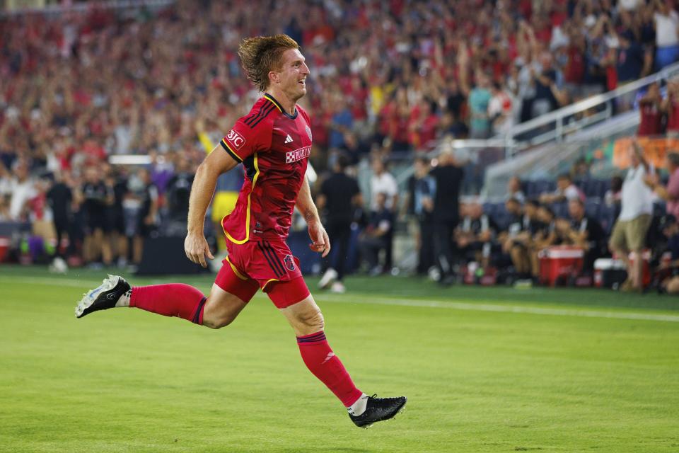 St. Louis City SC defender Tim Parker celebrates after scoring a goal during an MLS soccer match against Austin FC in St. Louis, Sunday, Aug. 20, 2023. (Michael Clubb/St. Louis Post-Dispatch via AP)