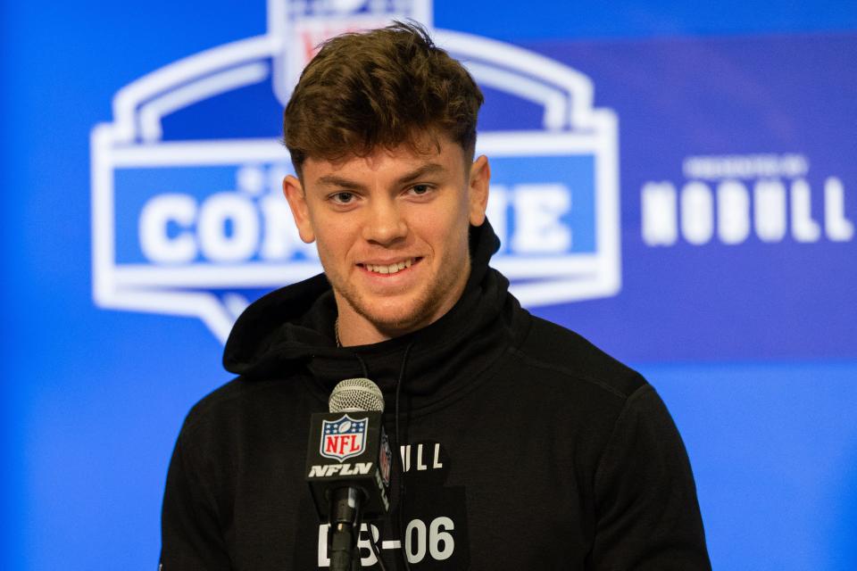 Feb 29, 2024; Indianapolis, IN, USA; Iowa defensive back Cooper Dejean (DB06) talks to the media during the 2024 NFL Combine at Lucas Oil Stadium. Mandatory Credit: Trevor Ruszkowski-USA TODAY Sports