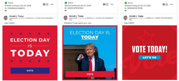 Some of the Trump campaign's political ads that launched post-ban on Facebook. (Facebook)