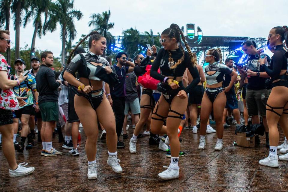 ‘Ultra Angels’ Ashley Gonzalez, 27, and Sabrina Fernandez, 27, dance near the main stage during Ultra 2024 at Bayfront Park in Downtown Miami on Friday, March 22, 2024.