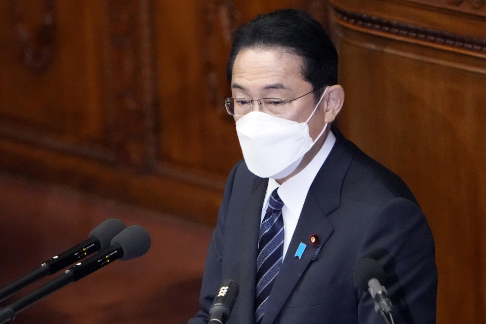 Japanese Prime Minister Fumio Kishida delivers his policy speech at the lower house Monday, Jan. 17, 2022, in Tokyo. (AP Photo/Eugene Hoshiko)