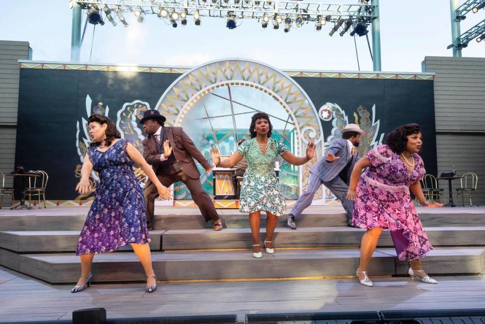 Jessie Cope Miller, left, David Robbins, LaTrisa Harper, Tyrick Wiltez and Terita Redd act during rehearsal for Idaho Shakespeare Festival’s production of “Ain’t Misbehavin’” on Tuesday. The musical, directed by Gerry McIntyre, runs June 17-July 9.