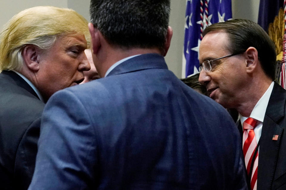 President Donald Trump greets Deputy U.S. Attorney General Rod Rosenstein at a bill signing ceremony at the White House on Oct. 10, 2018. (Photo: Jonathan Ernst/Reuters)