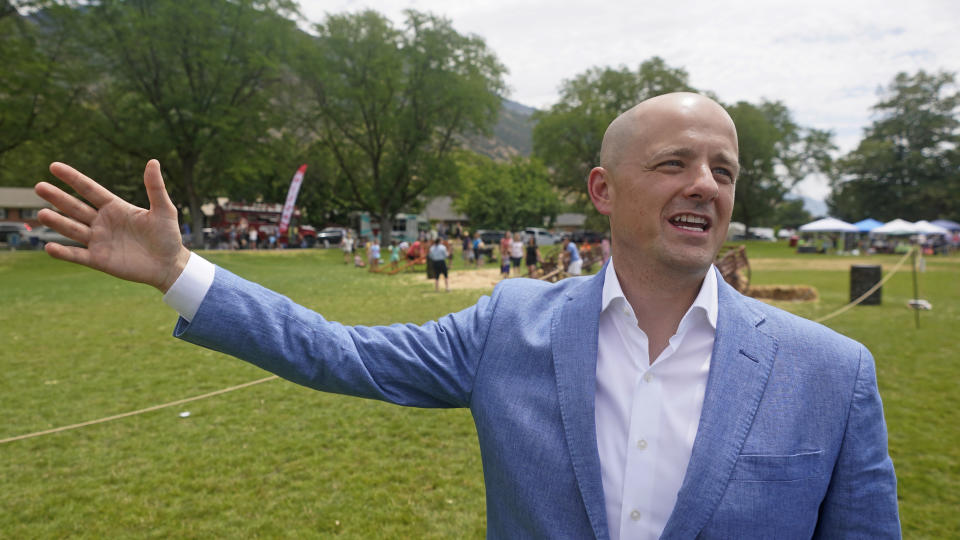 Utah's Evan McMullin speaks during an interview on July 23, 2022, in Provo, Utah. McMullin is emerging as the nation’s most competitive independent candidate running for U.S. Senate in the 2022 midterm elections. With both parties jockeying for control of Congress, the former Republican's bid against Donald Trump ally Mike Lee has transformed the reliably Republican state from electoral afterthought into potential battleground. (AP Photo/Rick Bowmer)