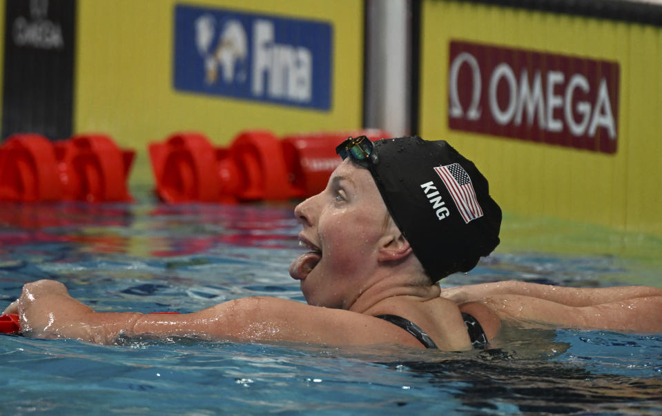 Lilly King of the United States celebrates after the Women 200m Breaststroke final at the 19th FINA World Championships in Budapest, Hungary, Thursday, June 23, 2022. (AP Photo/Anna Szilagyi)