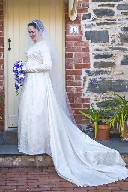 Skye wearing grandmother's post-war wedding dress in 2016