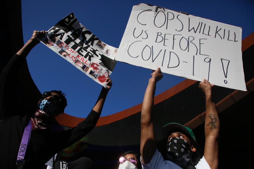 NEW YORK, NEW YORK - MAY 31: People take part in a protest outside the Barclays Center in Brooklyn on May 31, 2020 in New York City. Protests spread across the country in various cities in the United States in response to the recent death of an unarmed black man, George Floyd, while in polic custody, the latest death in a series of police related deaths of black Americans. (Photo by Pablo Monsalve / VIEWpress via Getty Images)