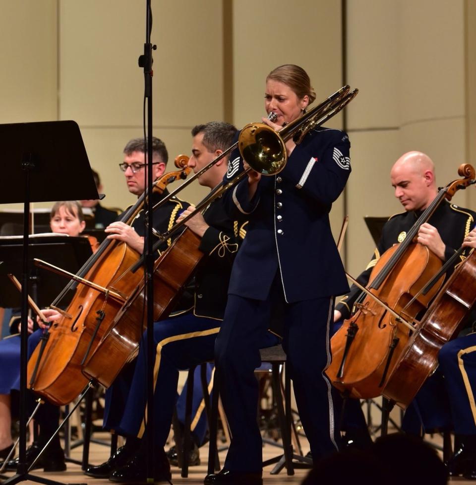 Christine Jones playing the trombone in the United States Air Force Band.