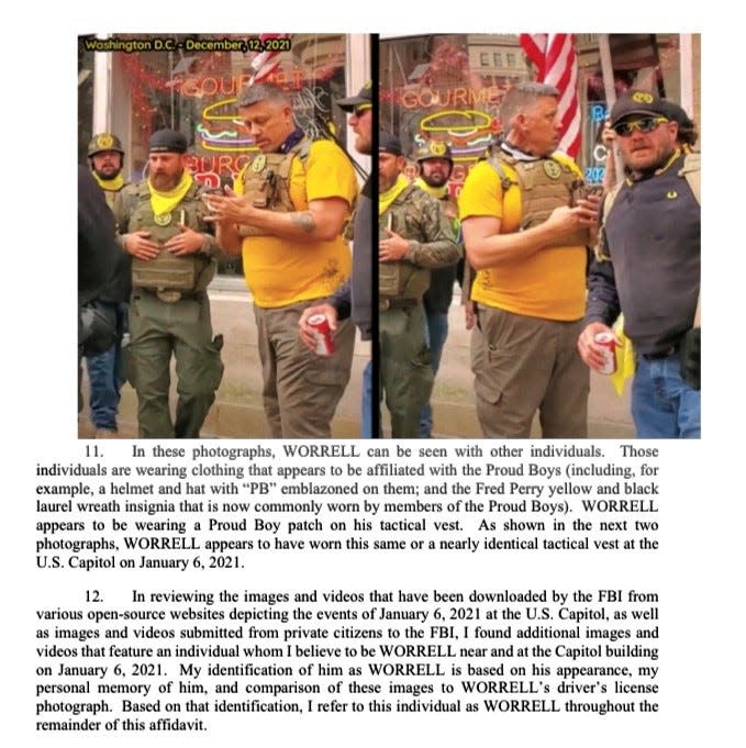 Christopher Worrell of East Naples, in yellow shirt, is shown with what appears to be other members of the Proud Boys. Photos show Worrell wearing what appears to be a Proud Boys patch on his tactical vest. The photos were included in an FBI statement of facts complaint a federal magistrate signed March 10, 2021. Worrell was arrested March 12, 2021, in connection with the Jan. 6 Capitol riot.