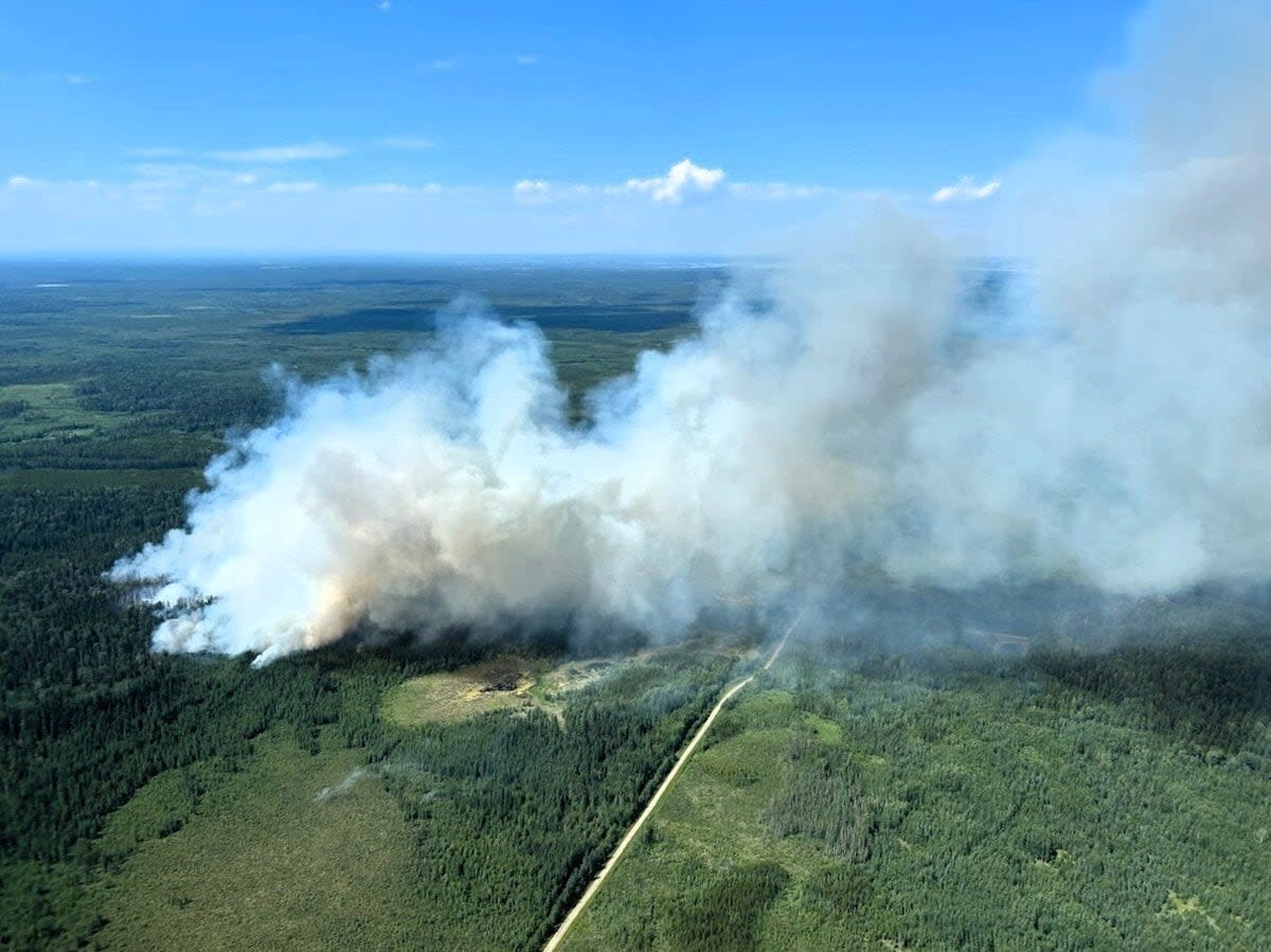 EWF061 is currently burning out of control 18 km northeast of Cynthia (July 10, 2024) where Environment Canada issued a thundestorm watch Thursday. (Submitted by Alberta Wildfire - image credit)