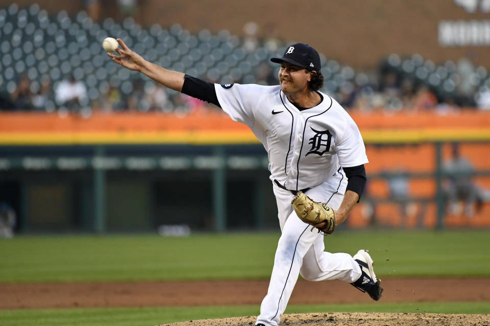 Detroit Tigers relief pitcher Jason Foley throws against the Kansas City Royals during the fifth inning of a baseball game Saturday, Sept. 3, 2022, in Detroit. (AP Photo/Jose Juarez)