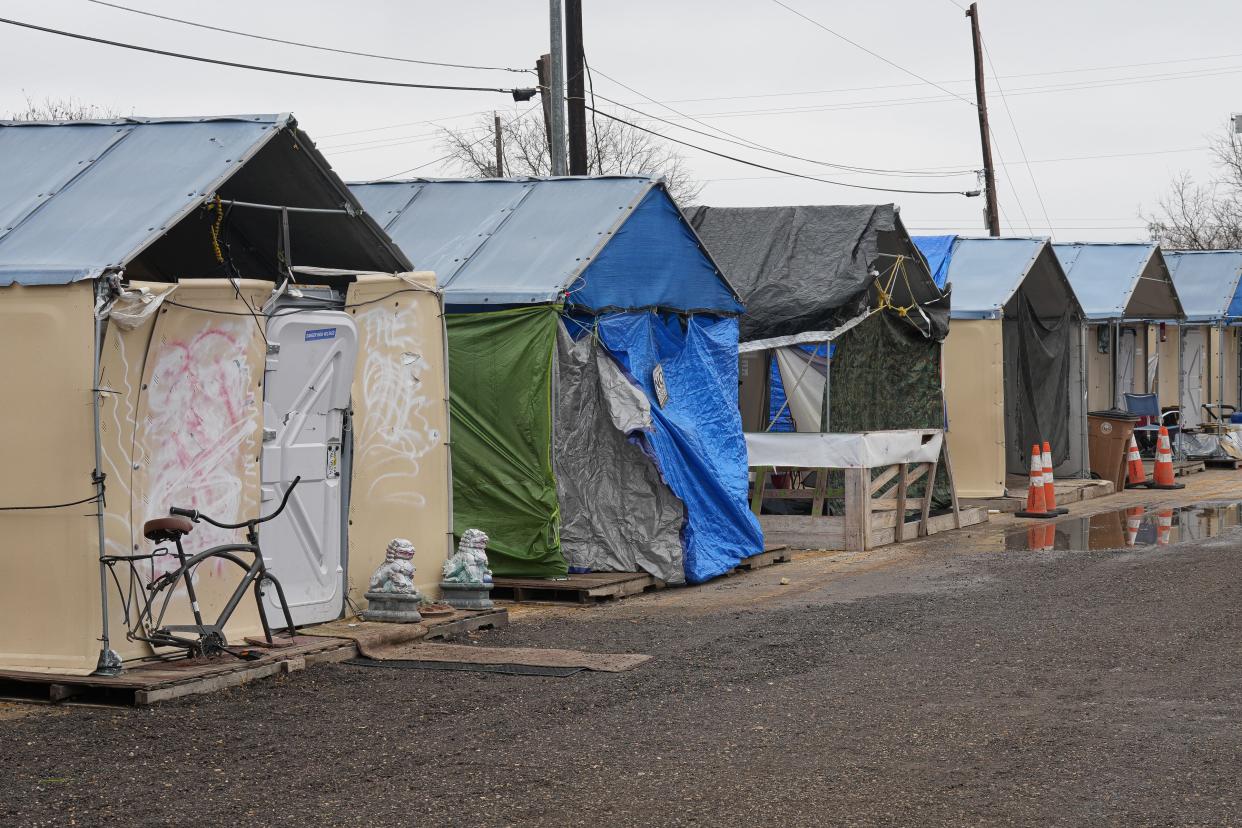 Occupied temporary shelters near the offices in the Esperanza Community in East Austin in 2023.