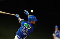 Luis A. Montanez of Los Halcones de Gurabo hits during a game against Los Artesanos de Las Piedras at the Puerto Rico Double A baseball league at Las Piedras, Puerto Rico, June 11, 2016. REUTERS/Alvin Baez