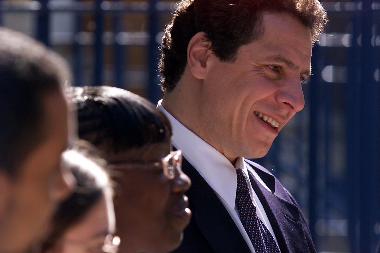 Candidate Andrew Cuomo at HS for Teaching in Manhattan announces his education plan for the state on April 11, 2002.