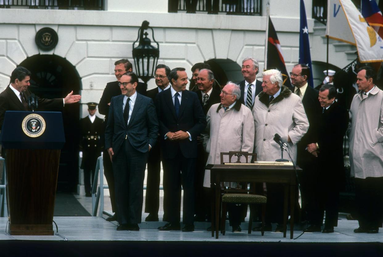 No big Social Security reforms have taken effect since the Reagan administration. <a href="https://www.gettyimages.com/detail/news-photo/president-reagan-speaks-before-signing-the-social-security-news-photo/568872063" rel="nofollow noopener" target="_blank" data-ylk="slk:David Hume Kennerly/Getty Images;elm:context_link;itc:0;sec:content-canvas" class="link ">David Hume Kennerly/Getty Images</a>