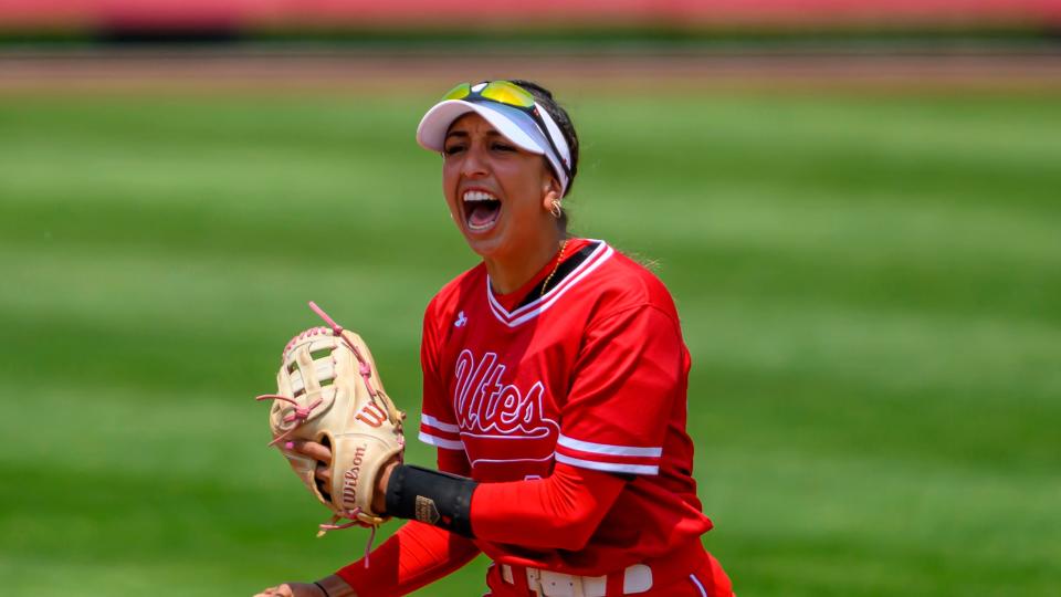 Utah infielder Aliya Belarde (23) reacts to a made out during an NCAA softball game on Saturday, May 20, 2023 in Salt Lake City, Utah. (AP Photo/Tyler Tate)