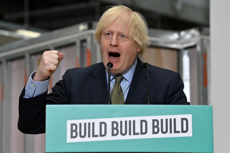 Britain's Prime Minister Boris Johnson delivers a speech during his visit to Dudley College of Technology in Dudley