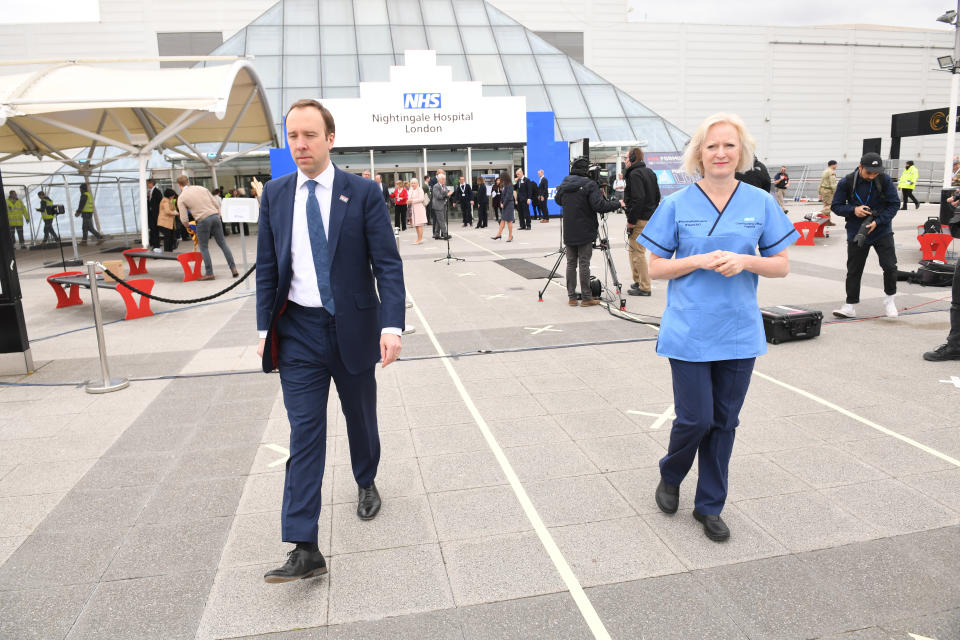 Health Secretary Matt Hancock and Ruth May, chief nursing officer for England, at the opening of the NHS Nightingale Hospital at the ExCel centre in London, a temporary hospital with 4000 beds which has been set up for the treatment of Covid-19 patients.