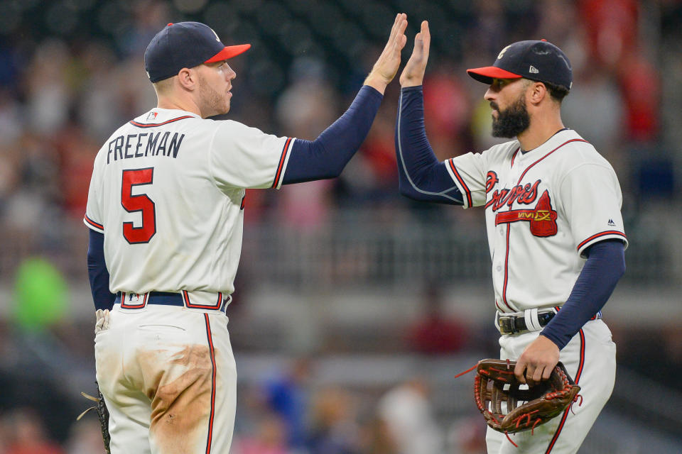 After Atlanta Braves first baseman Freddie Freeman (left) tested positive for COVID-19, rightfielder Nick Markakis (right) decided to sit out the 2020 season -- a decision a growing number of baseball players have made. (Photo: Icon Sportswire via Getty Images)